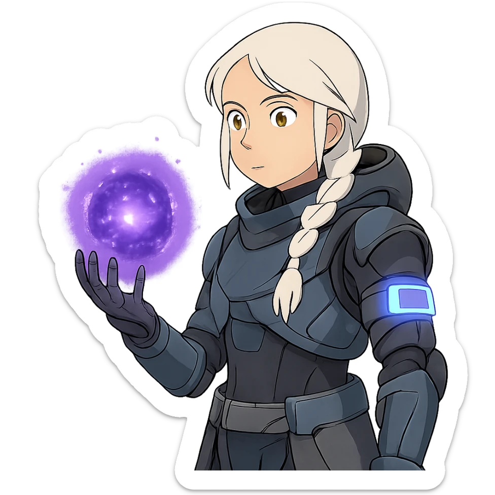 1 female, white hair long braid, gold yellow eyes, no helmet, a novice warlock from Destiny 2 armor, charging a void grenade in her hand, futuristic technology, with a glowing warlock bond, level 1 warlock sticker