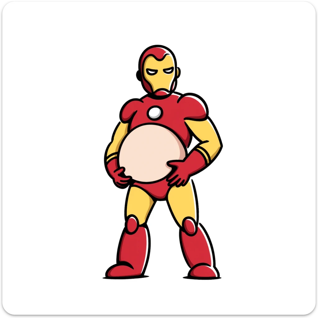 Iron Man superhero with a pregnant belly, iconic red and gold armor suit, arc reactor glowing in chest sticker
