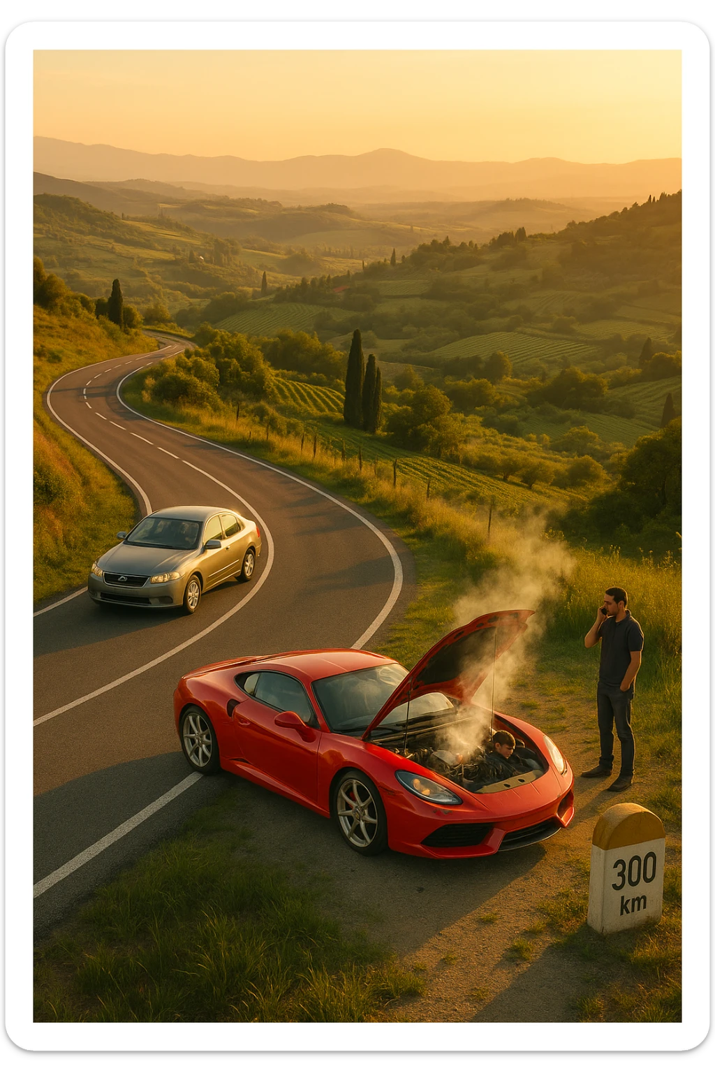 "Aerial view of winding mountain road through Italian countryside, steady reliable sedan maintaining consistent pace with confident driver, versus flashy supercar stopped at roadside with hood open and steam rising, mechanic being called on phone, 300km milestone sign visible in distance, moral lesson about reliability over showmanship, golden hour lighting" sticker