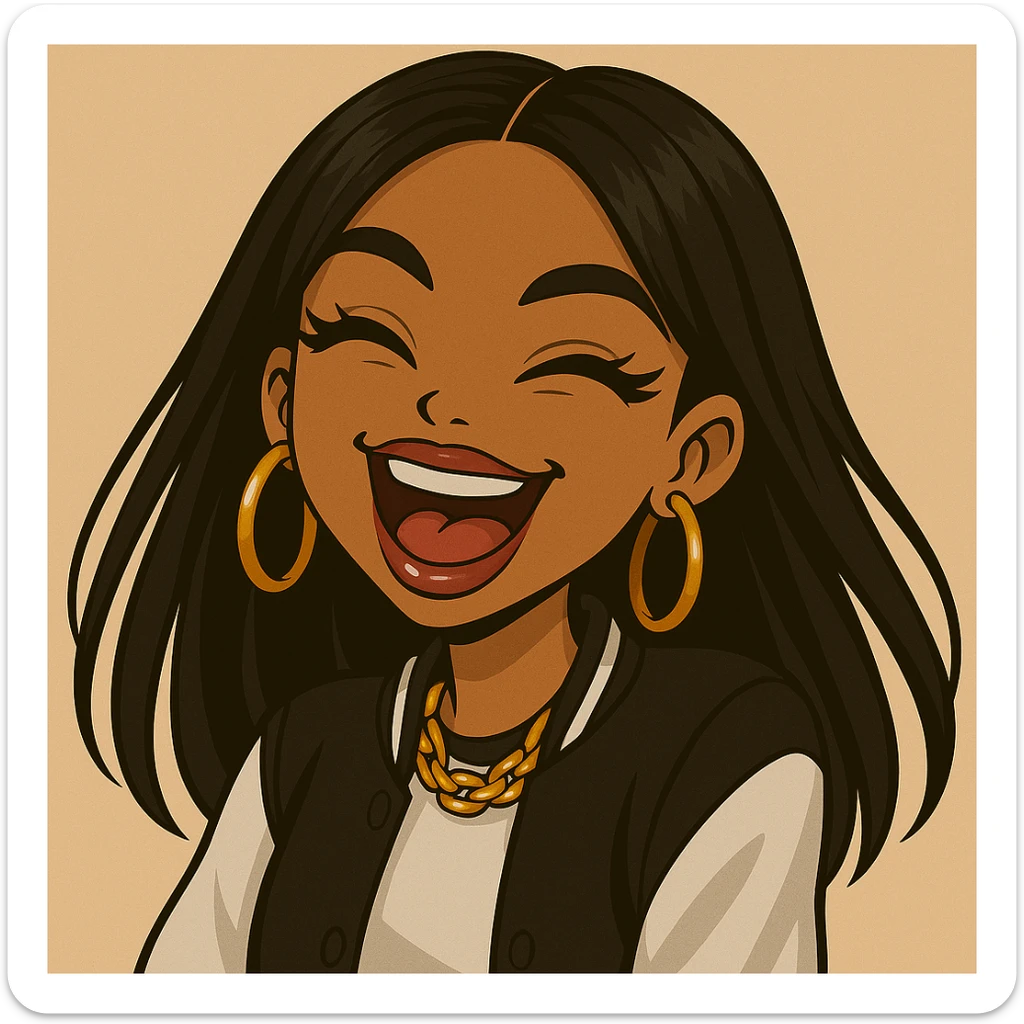Headshot of a 20-year-old anime Bratz style woman with dark skin, straight hair, laughing uncontrollably, big expressive eyes, glossy lips, trendy streetwear, no hat, no tears. sticker