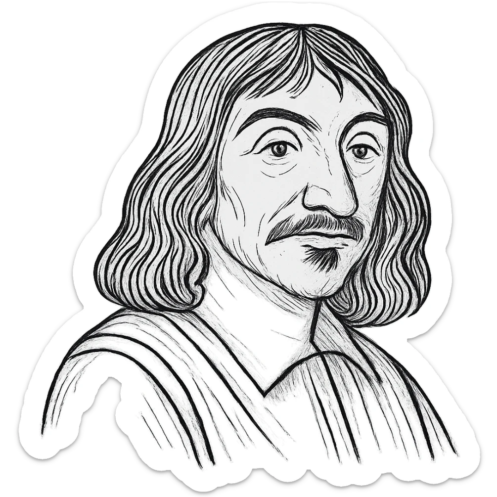 Enhance the Descartes black outline icon with more detailed and refined facial features, hair, and clothing, maintaining the hand-drawn black outlined style with no fill. Keep the transparent background. sticker