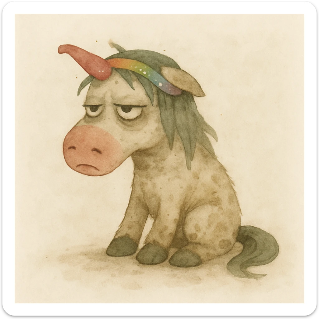 Add sparkles to the bright unicorn headband. Keep the watercolor style. The unicorn remains dirty, crumpled, with bags under its eyes and a drooping horn. sticker