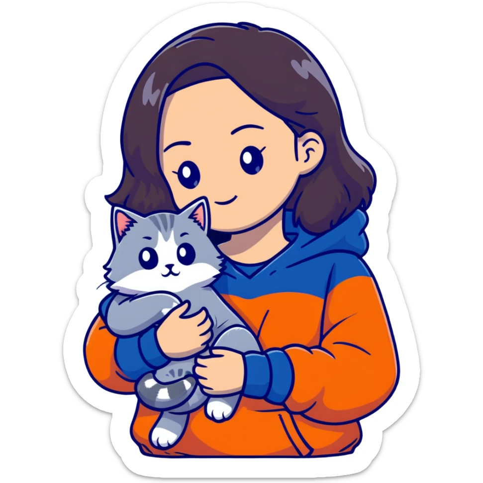 Brunette girl with dark blue sweatshirt cuddling a fluffy grey Siberian cat, detailed illustration sticker