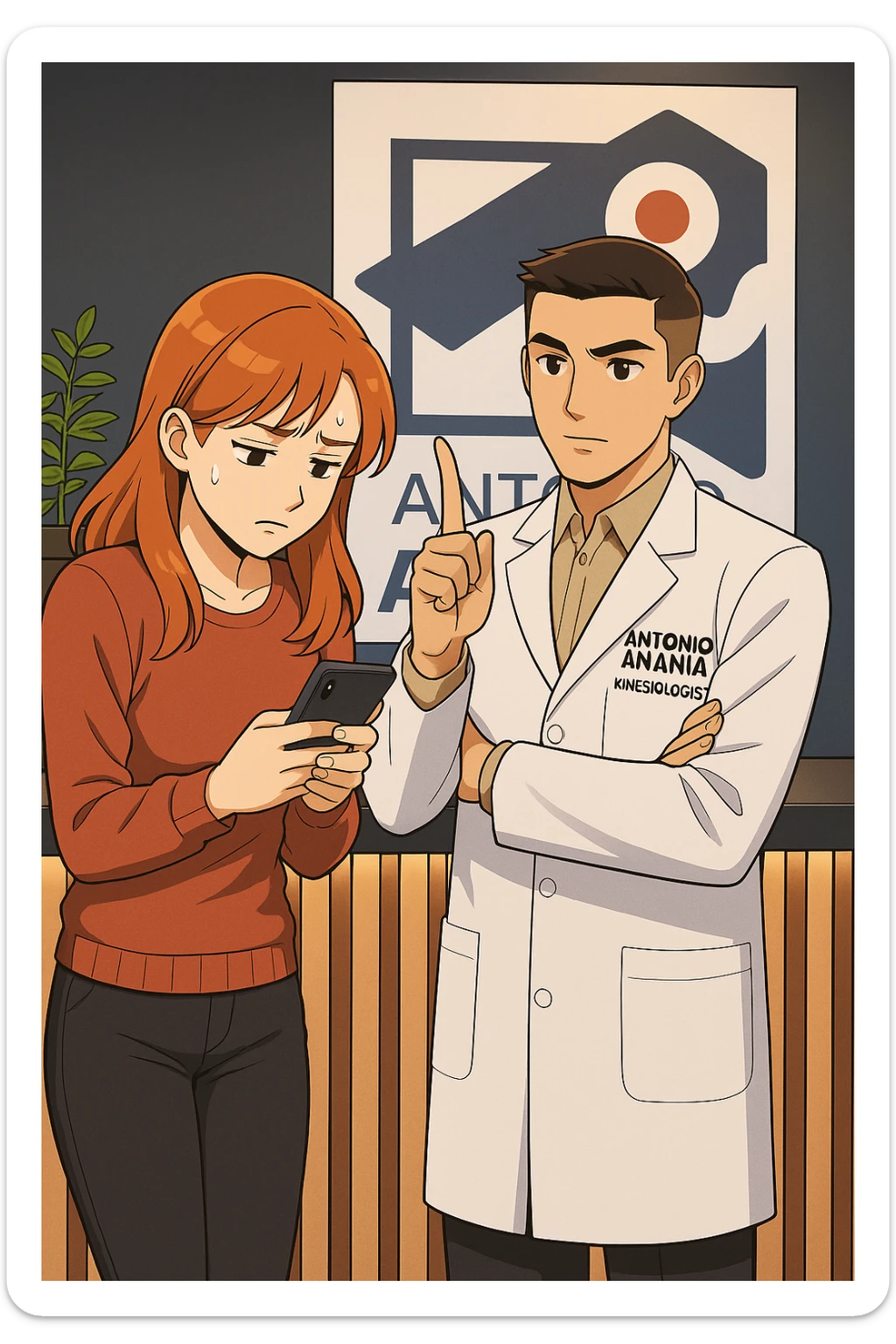 su questo stile fai un manga/webtoon a colori in cui una donna CONTROLLA LO SMARTPHONE MENTRE PARLA CON L'UOMO, l'uomo della foto in stile manga LE DICE DI "NO" CON IL DITO, mantieni un ambiente simile alla foto che ho allegato con il suo logo (sarebbe il suo studio, lui è un kinesiologo), scrivigli "ANTONIO ANANIA" sul camice bianco, non mettere fumetti, ma fai in modo che sembri che la donna CONTROLLI LO SMARTPHONE E L'UOMO CON I GESTI LE FACCIA CAPIRE CHE STA SBAGLIANDO sticker