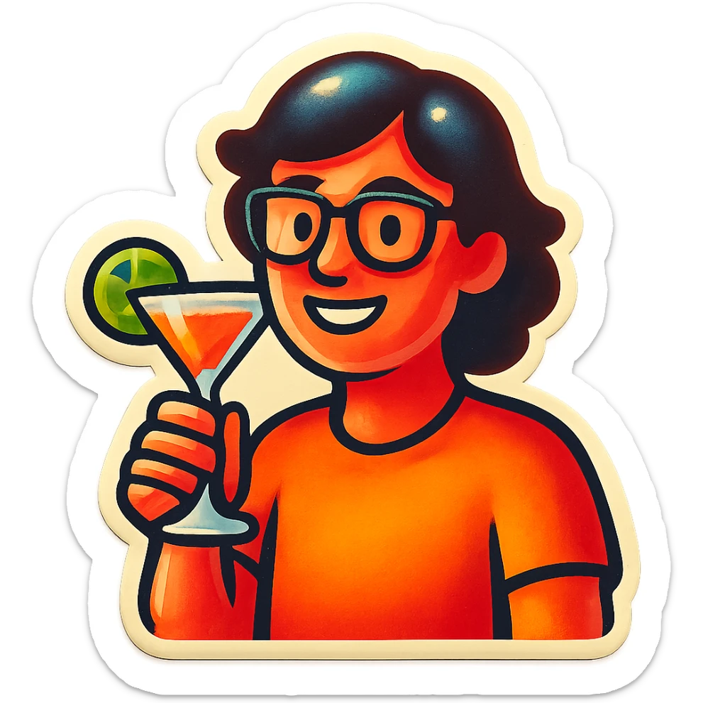 A person with glasses holding a cocktail glass sticker