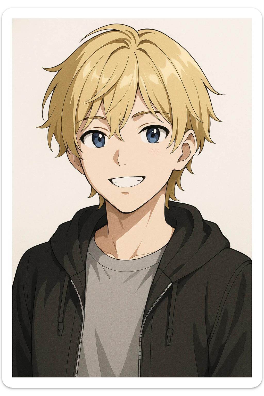 anime style portrait of an 18 year old young person with blonde hair, smiling, modern clothing, light background sticker