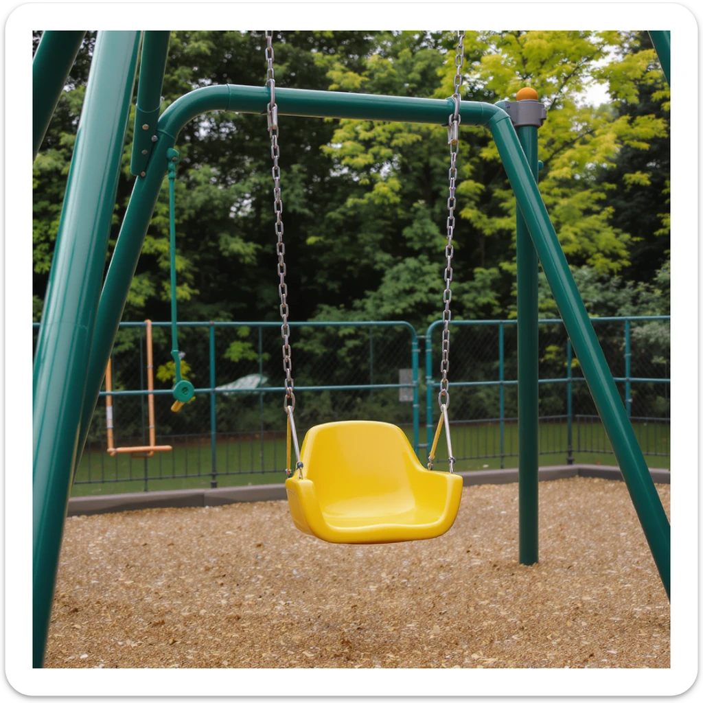 realistic playground swing-set with a green frame and one yellow seat, detailed and lifelike sticker