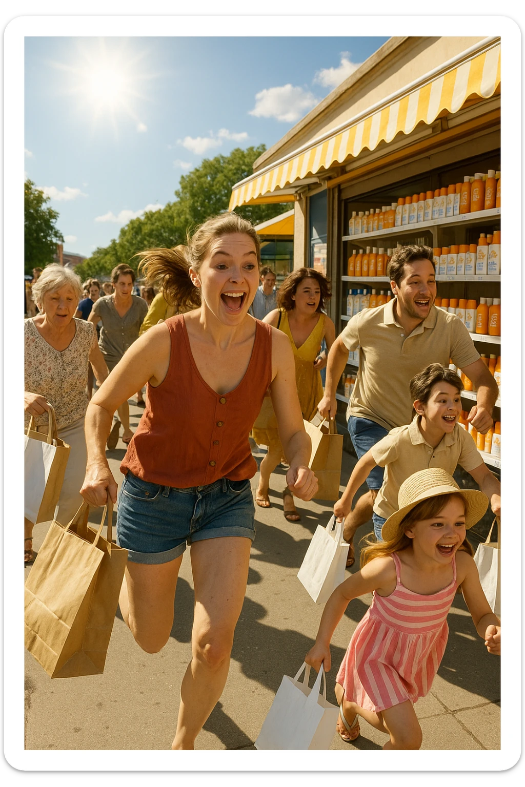 tante persone che corrono a comprare le creme solari in italiano realistiche sticker