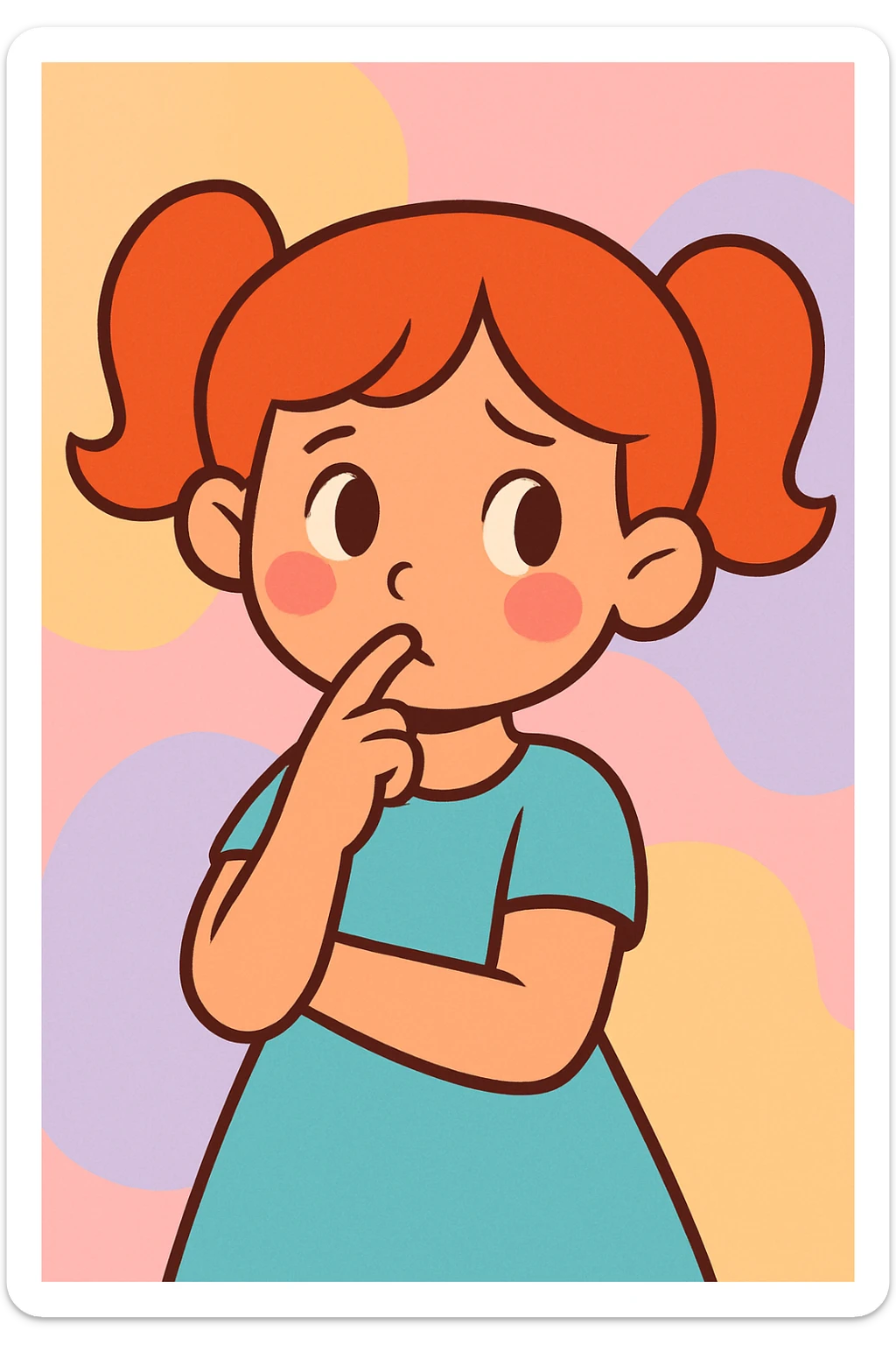 cartoon style girl with a finger in her mouth, shy expression, soft pastel colors sticker