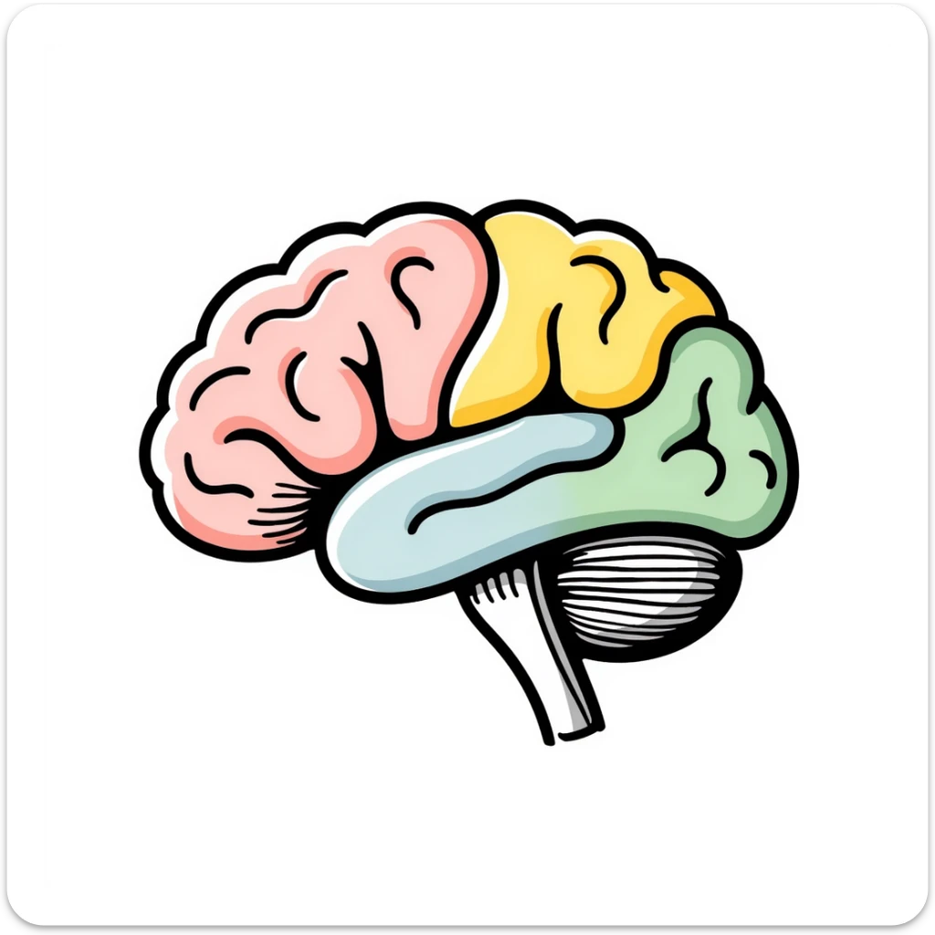 Anatomical brain diagram with colored regions: cerebrum in pink, cerebellum in yellow, brain stem in green, and frontal lobe in light blue. Detailed hand-drawn medical illustration with labeled major parts and lobes. sticker