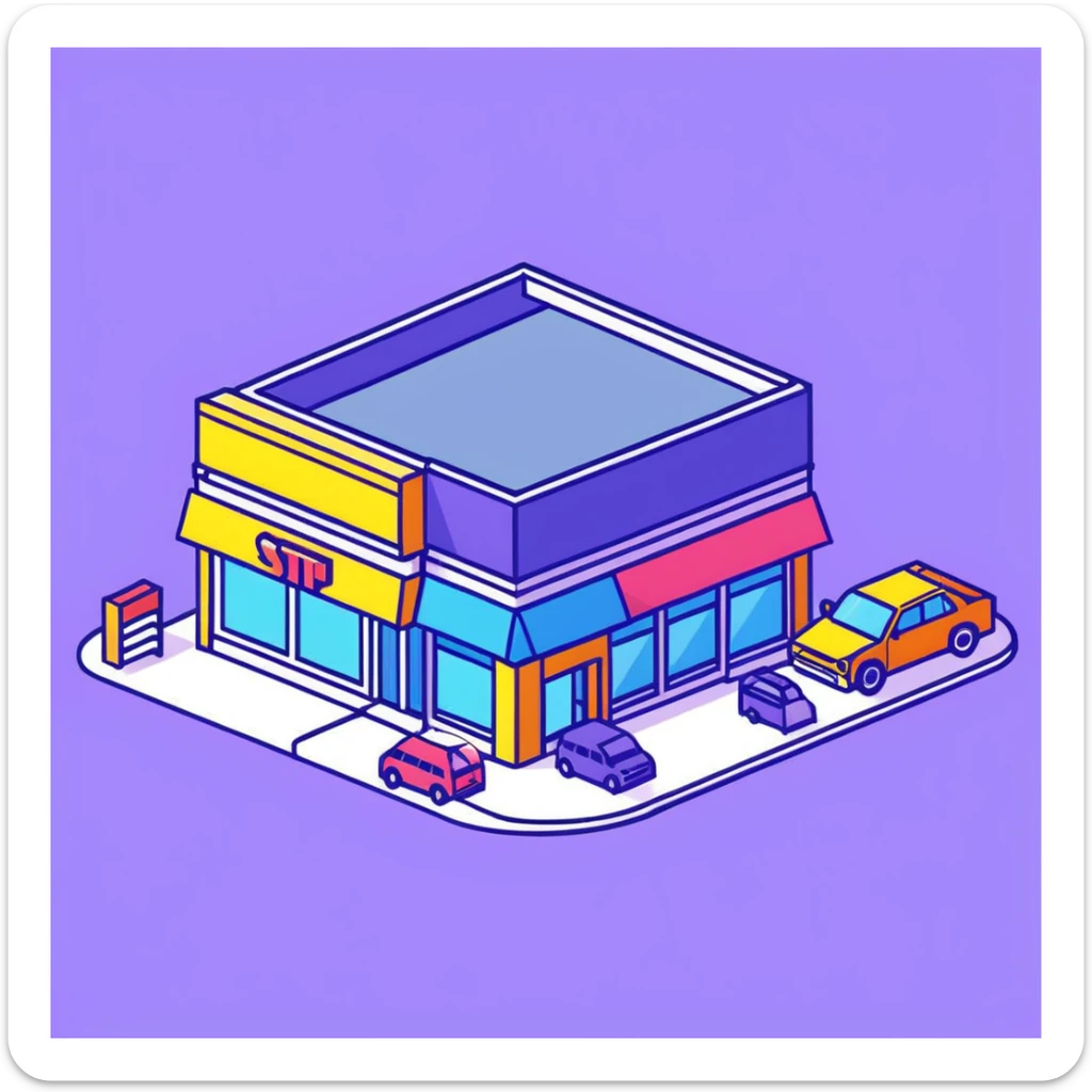 Isometric supermarket building exterior with colorful facade, parked cars, and entrance area sticker