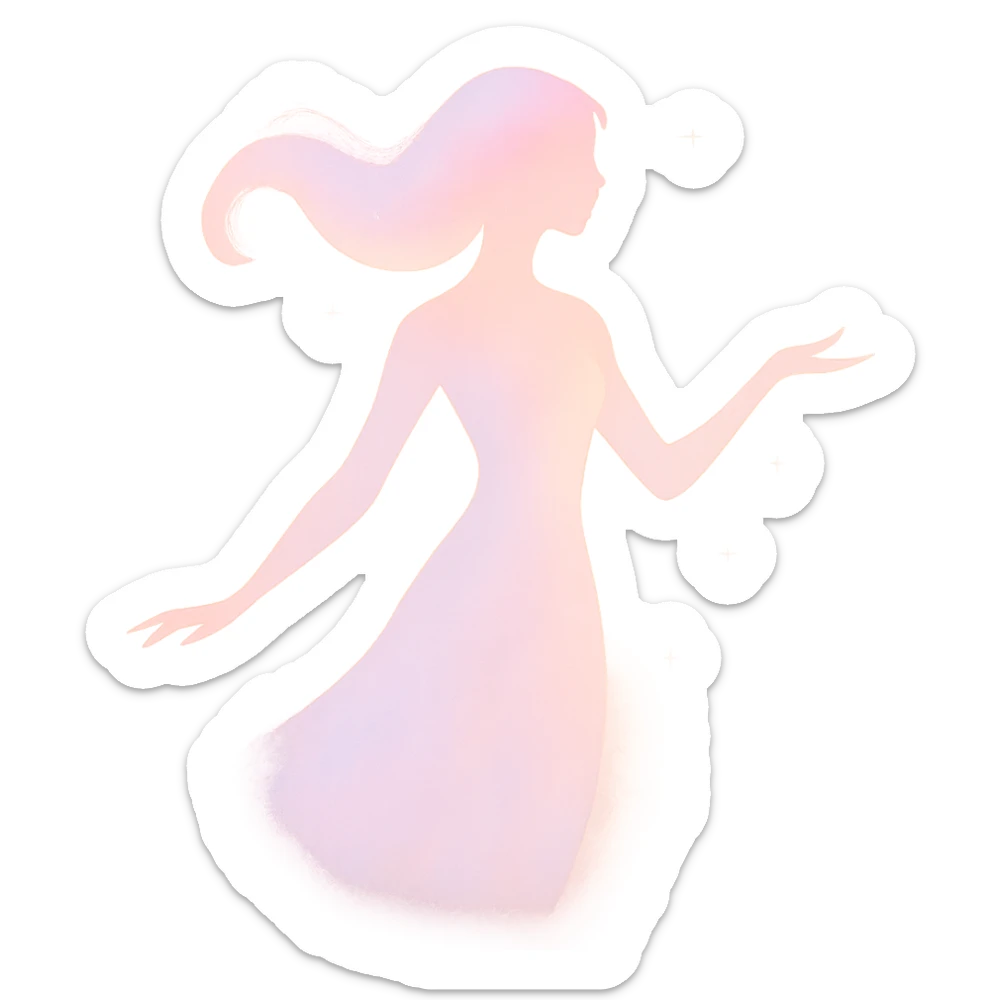 graceful, radiant figure with a soft pastel aura and a hint of sparkle, symbolizing lightness and beauty, in a minimalist silhouette sticker