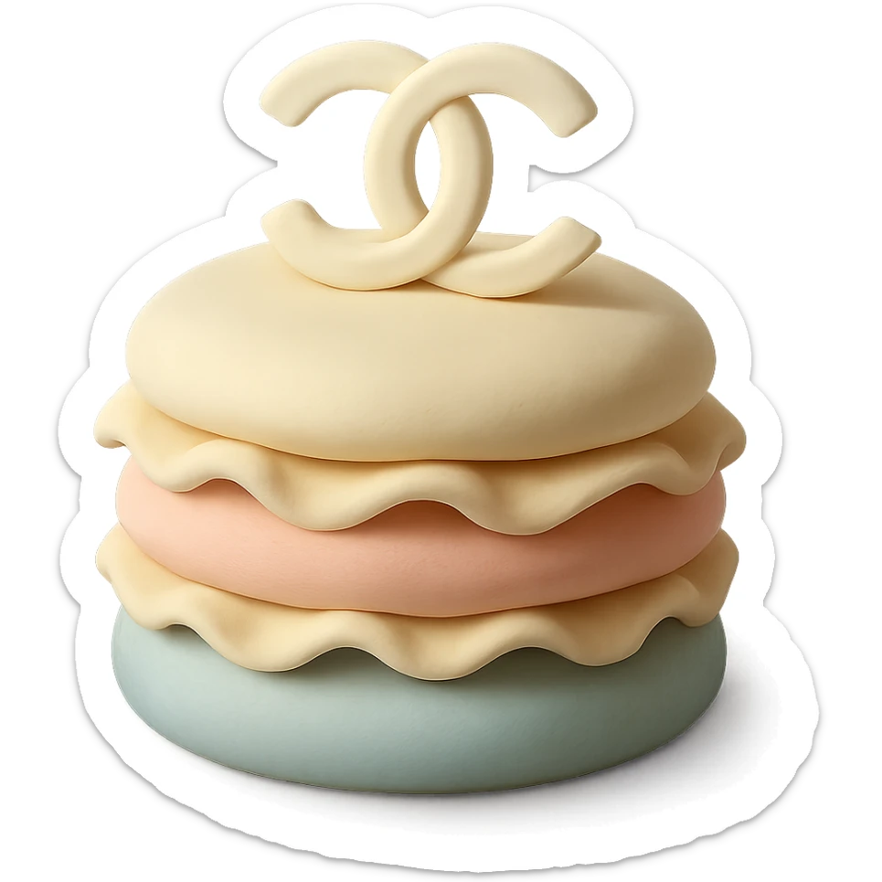 pastel fondant cake art style Chanel mille-feuille with a white chocolate logo sticker