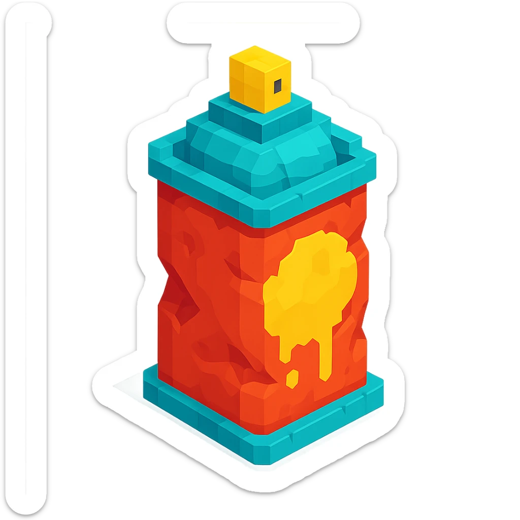 voxel style spray paint can with gold paint, dented and used, isometric view sticker