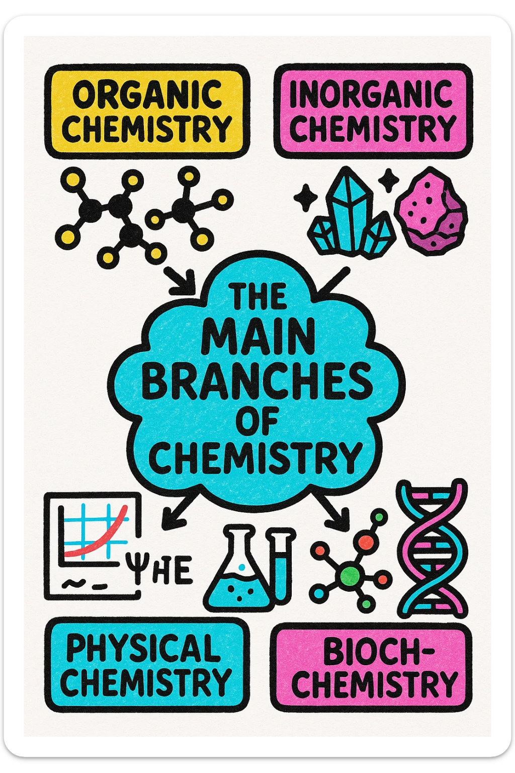 A creative and unique poster about the main branches of chemistry. The poster should have a central theme that ties all the branches together, such as a mind map: Organic Chemistry, Inorganic Chemistry, Physical Chemistry, Analytical Chemistry, and Biochemistry. Include icons and illustrations for each branch, such as molecular structures for Organic Chemistry, crystals or minerals for Inorganic Chemistry, graphs or equations for Physical Chemistry, laboratory equipment for Analytical Chemistry, and DNA strands or biological molecules for Biochemistry. Use a vibrant and cohesive color scheme with different colors for each branch. The layout should be clean and organized with clear headings and concise descriptions. sticker