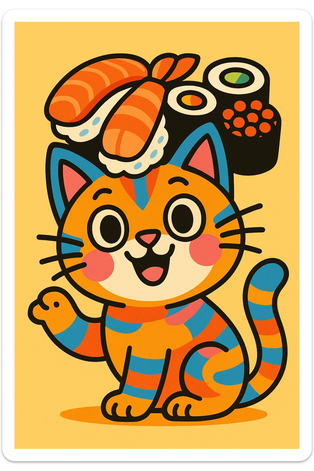 vibrant and playful cat wearing a hat made out of sushi, colorful and fun sticker