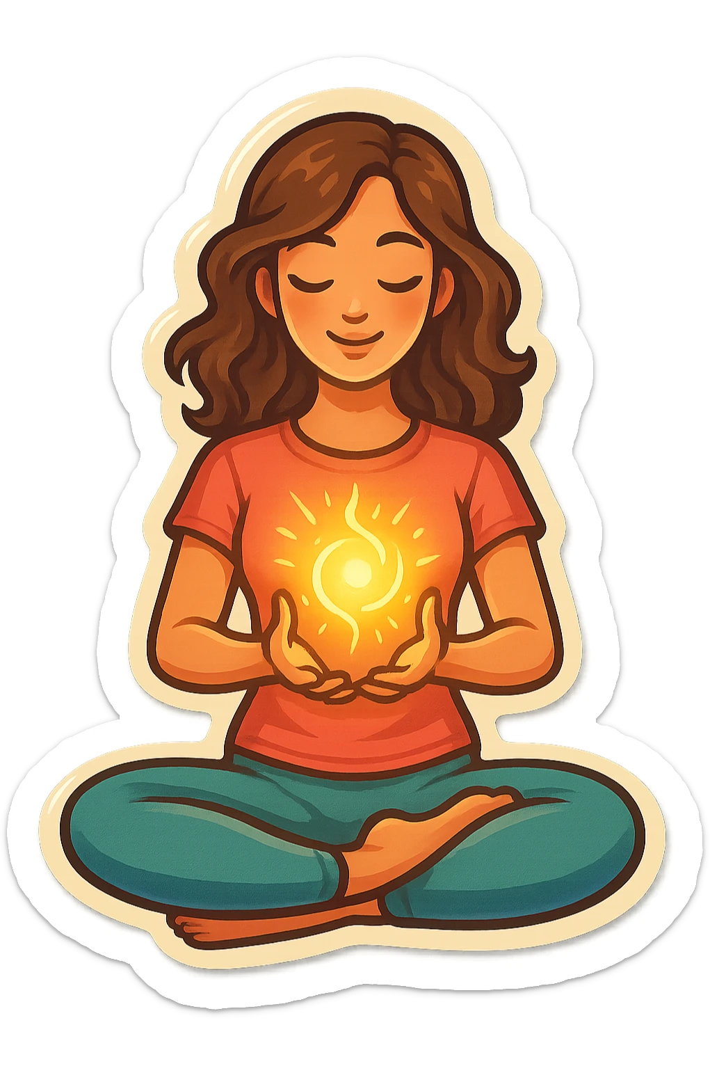 feminine drawing of girl in lotus pose holding glowing energy, detailed retro stickers style with soft shadows and highlights, transparent background sticker