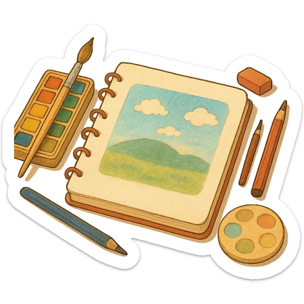 ghibli style illustration of a sketchbook with art supplies, warm and inviting sticker