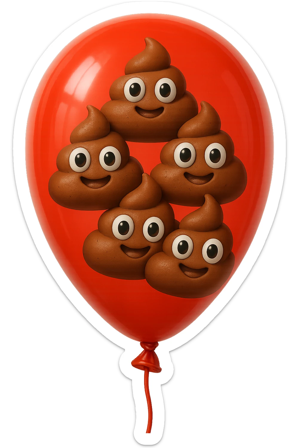 emoji stile iphone di un palloncino rosso pieno di 6 cacche con gli occhi, iperrealistico 4k sticker