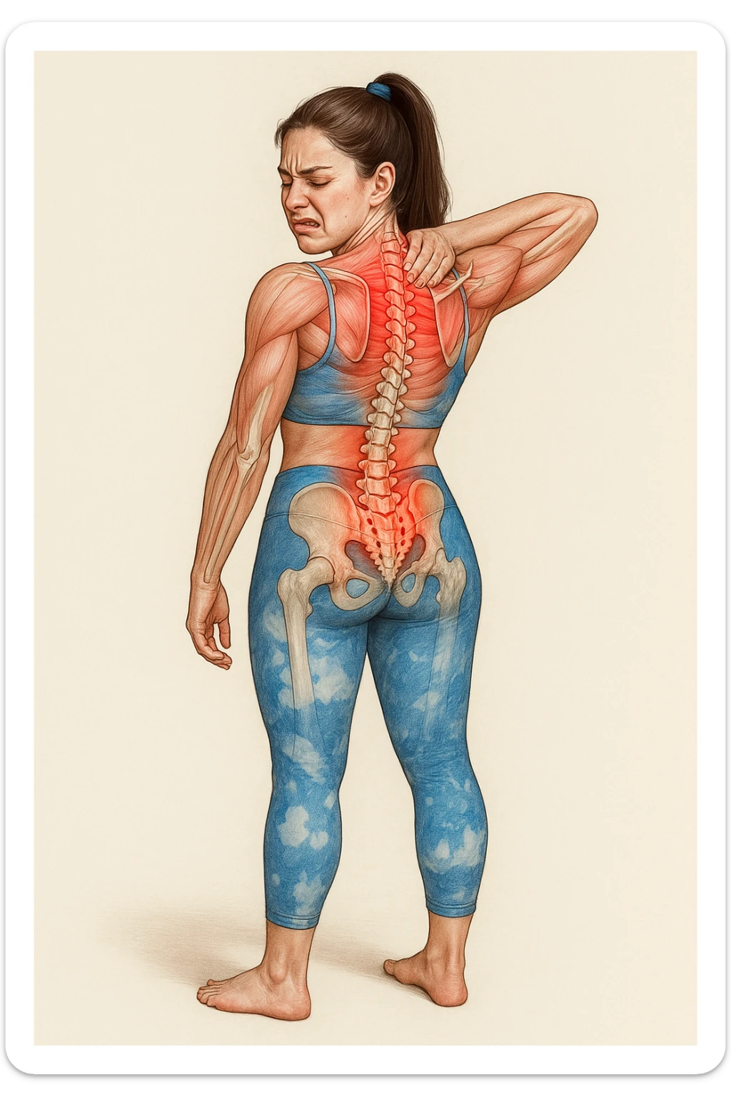 Realistic anatomical illustration of a woman in sportswear inspired by the reference photo, showing pain in the upper back (dorsal area) with highlighted muscles and vertebrae involved, hand on the painful area, pained expression, neutral background. sticker