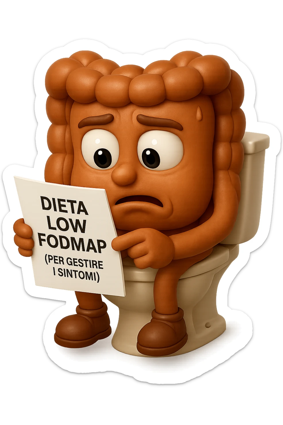 EMOJI STILE IPHONE DI UN INTESTINO UMANO ANATOMICO CHE GUARDA UN FOGLIO CON LA SCRITTA "DIETA LOW FODMAP (PER GESTIRE I SINTOMI)", FAGLI ANCHE LA PARTE BIANCA DEGLI OCCHI, NON SOLO LE PUPILLE, IPERREALISTICO 4K sticker