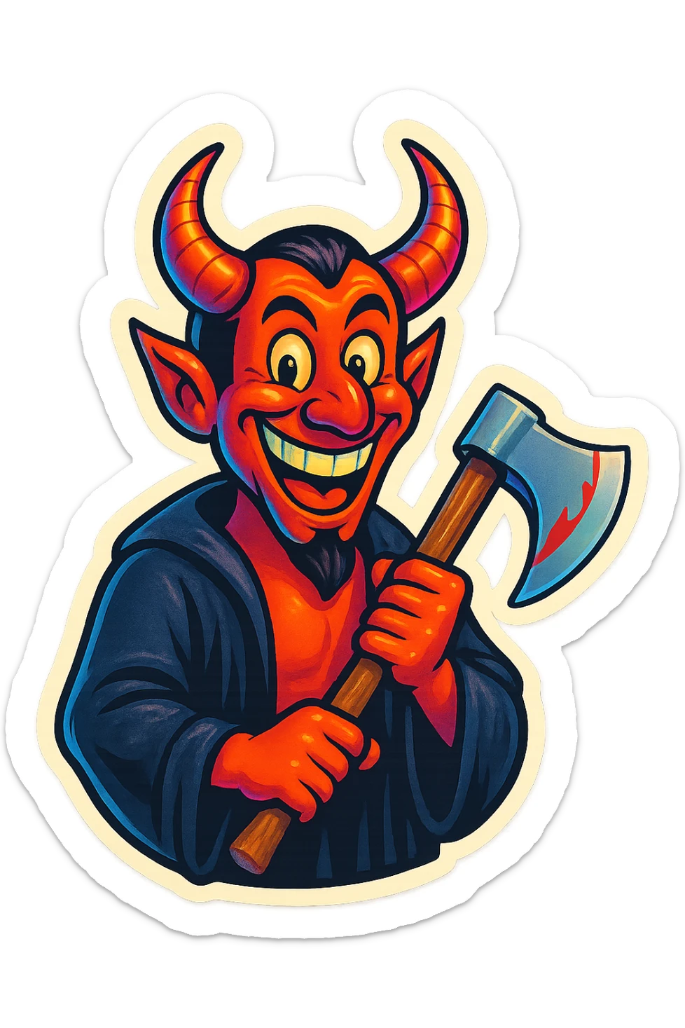 Change the satanic figure to look happy and funny, with a Joker-inspired big smile and a goofy, playful face. Keep the axe, use bright, whimsical colors. sticker