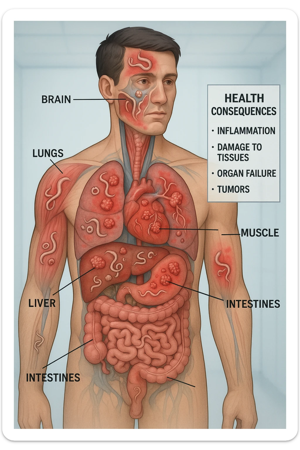a semi-transparent view of a man’s body reveals numerous parasitic organisms inside his organs and tissues. Some areas are highlighted with red or inflamed zones, and small tumor-like masses are visible where the parasites cluster. The background is clinical and educational, with labels pointing to affected organs and a sidebar showing the health consequences. sticker