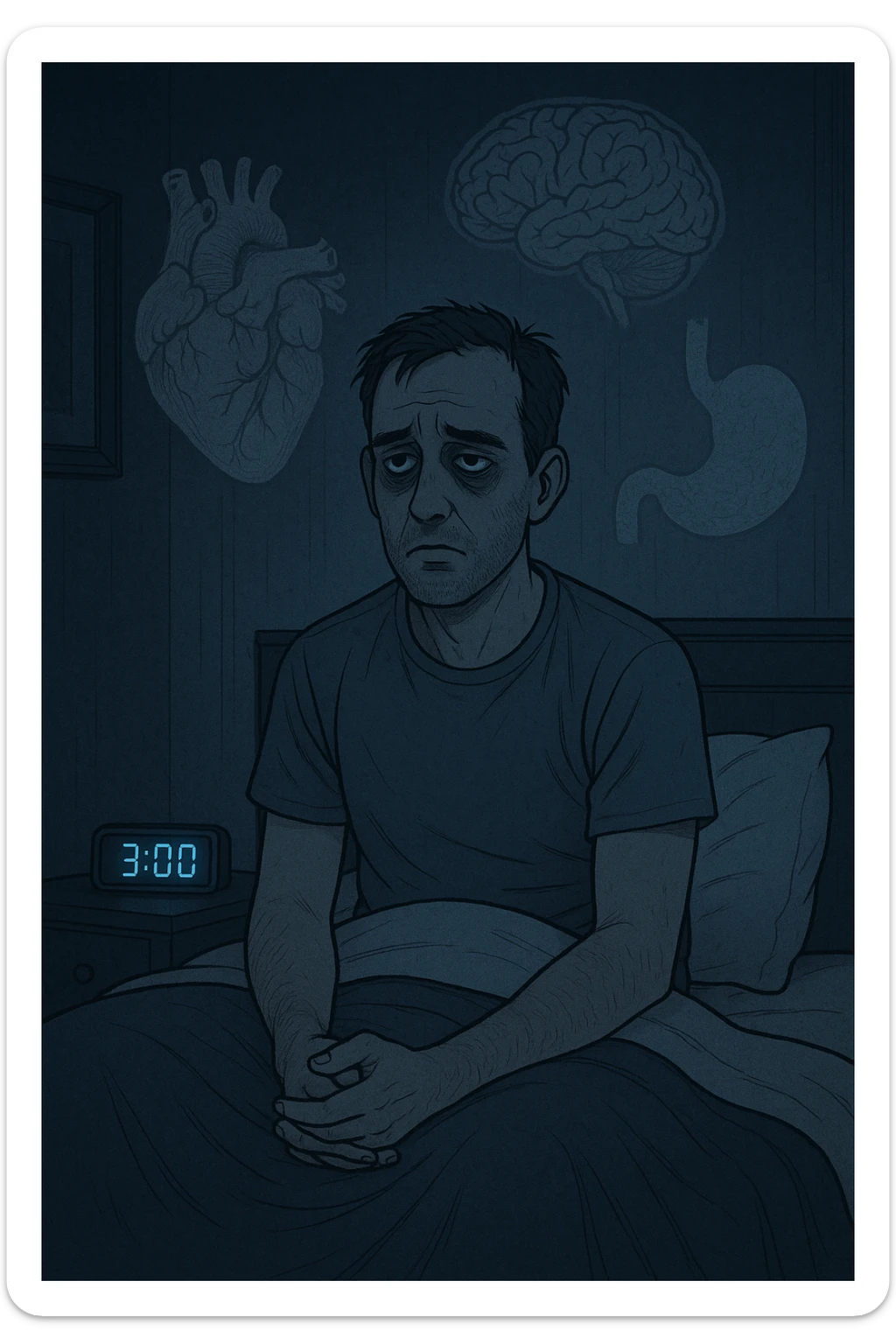 a man sits awake in bed in the middle of the night, dark circles under his eyes and a tired, anxious expression. The room is dimly lit by the blue glow of a phone or digital clock showing 3:00 AM. Around him, faint ghostly overlays of anatomical drawings highlight affected organs—heart, brain, and stomach—symbolizing the physical harm caused by disrupted sleep. sticker