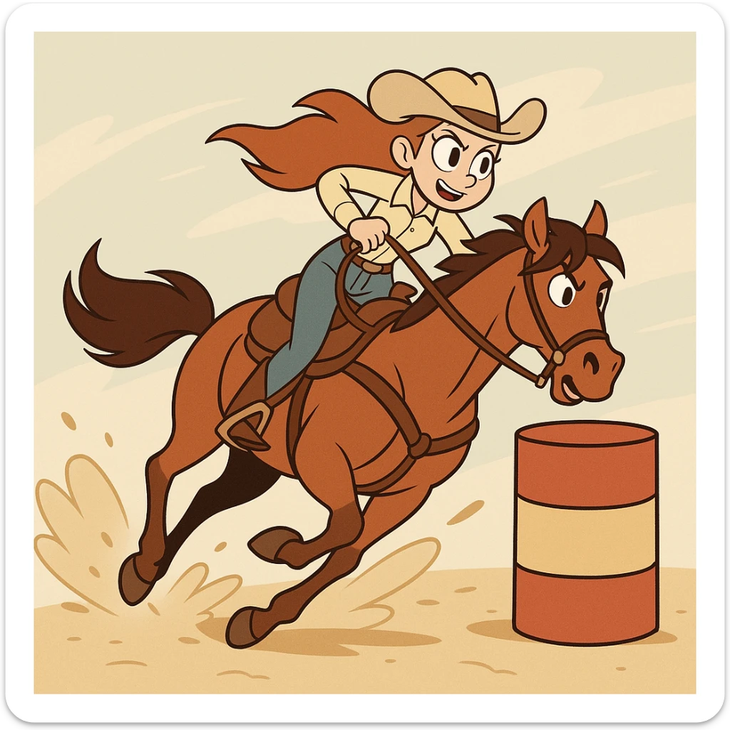 a girl barrel racing on a horse, western cartoon style, dynamic action sticker