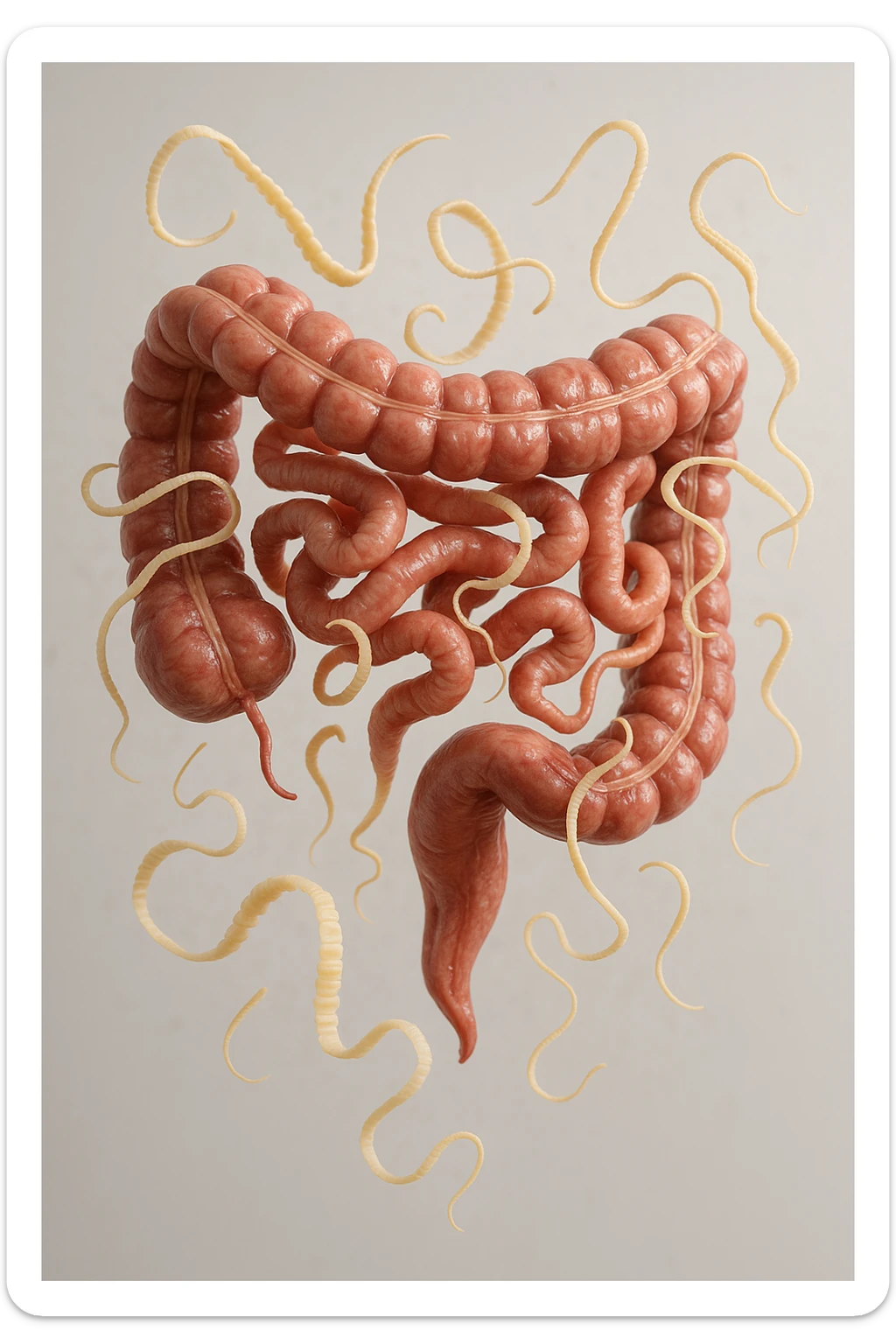 INTESTINO UMANO ANATOMICO REALISTICO FLUTTUA IN ARIA INSIEME A PARASSITI COME LA TENIA, SFONDO CHIARO, iperrealistico 4k sticker
