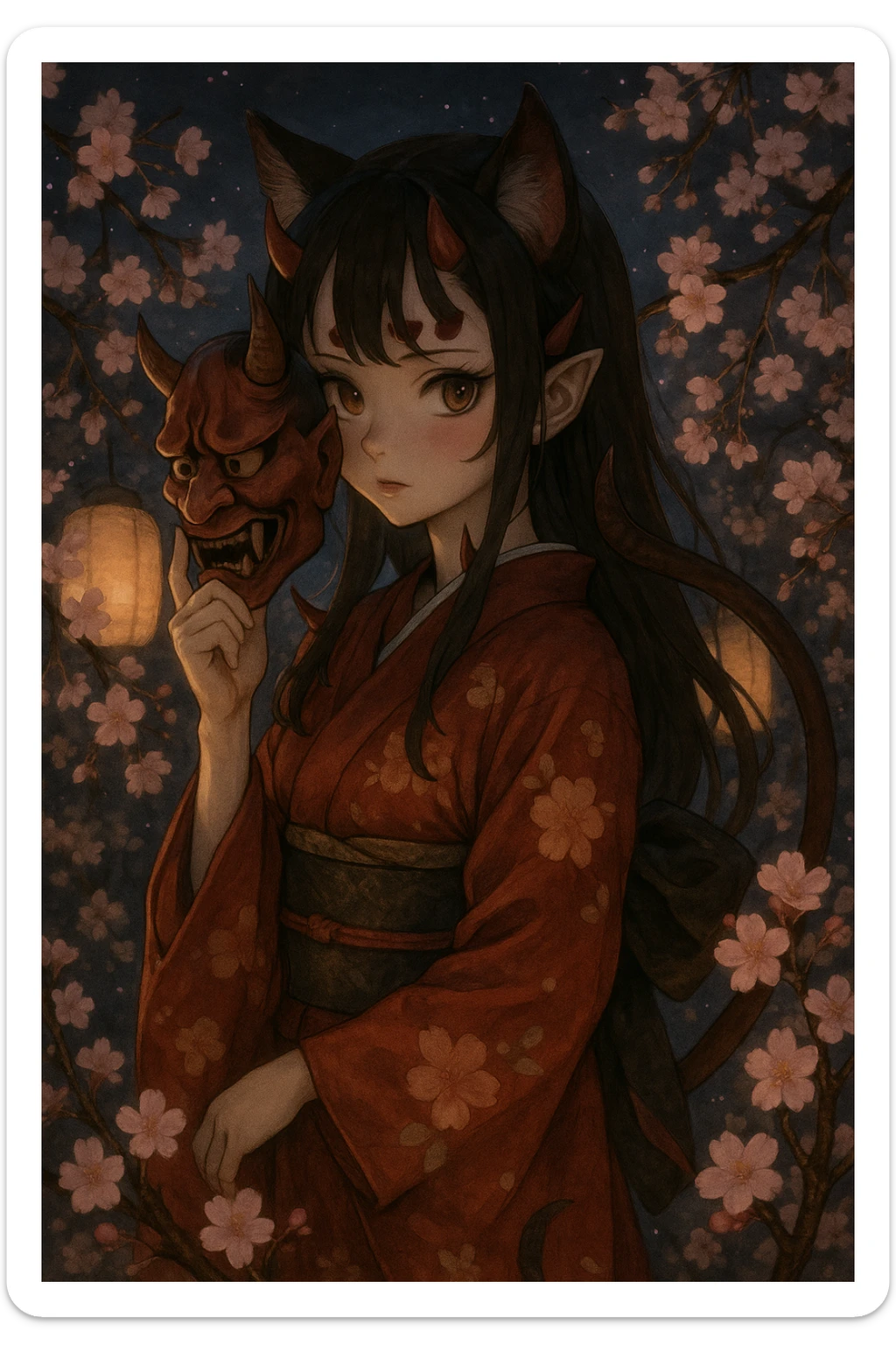 realistic anime catgirl devil in a traditional Japanese kimono, oni mask, cherry blossoms at night sticker