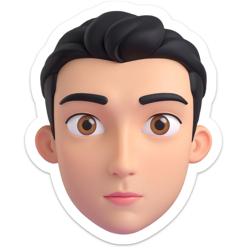 high-detail 3D emoji-style head of a handsome man, front-facing, eyes slightly upward, thoughtful and calm, symmetrical features, smooth skin, soft lighting sticker