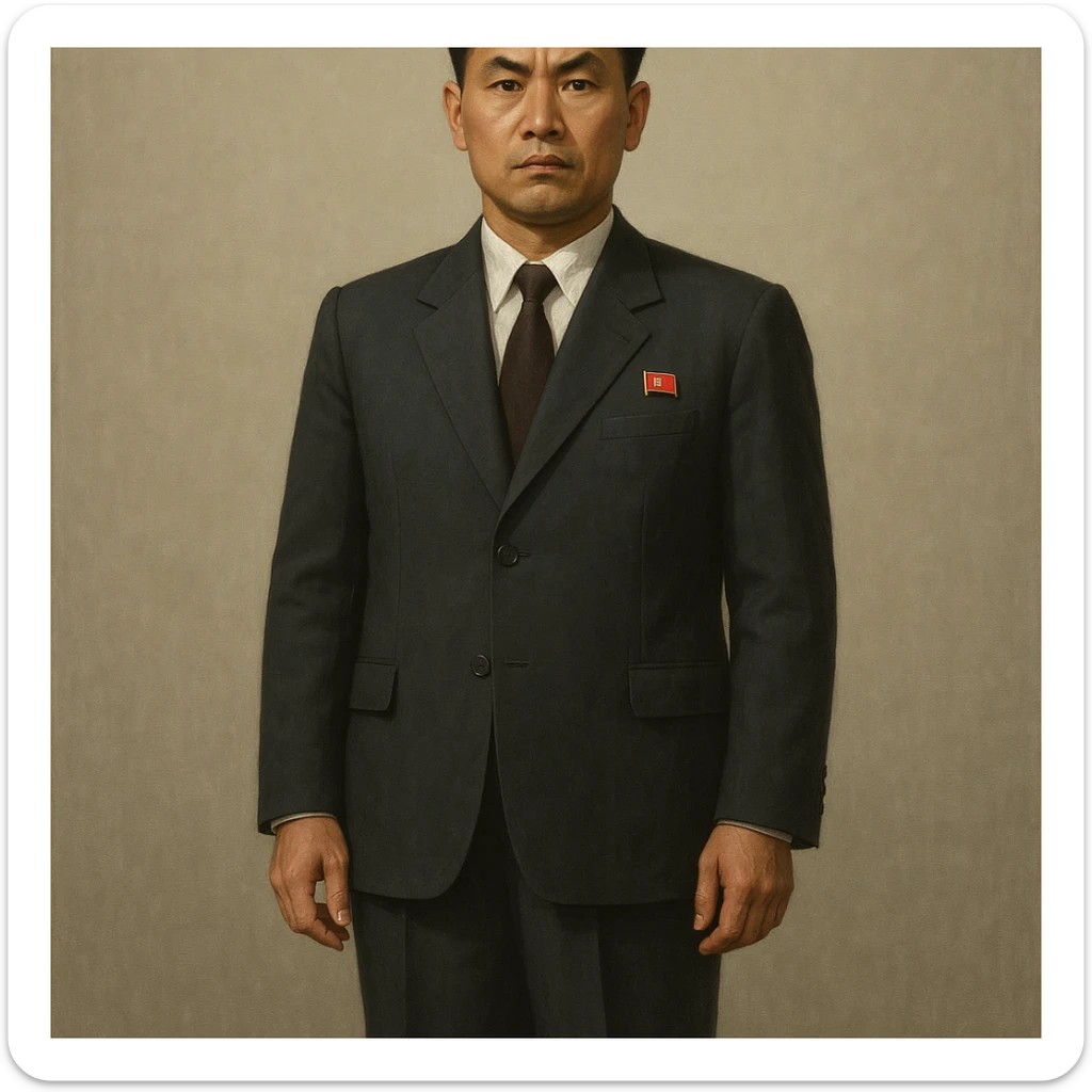 Official portrait of a North Korean man, head of the hull production workshop at a shipyard, serious and formal style, dark suit, neutral background, confident and focused expression, style inspired by Soviet and North Korean official portraits, full body, not cropped, head not cut off sticker