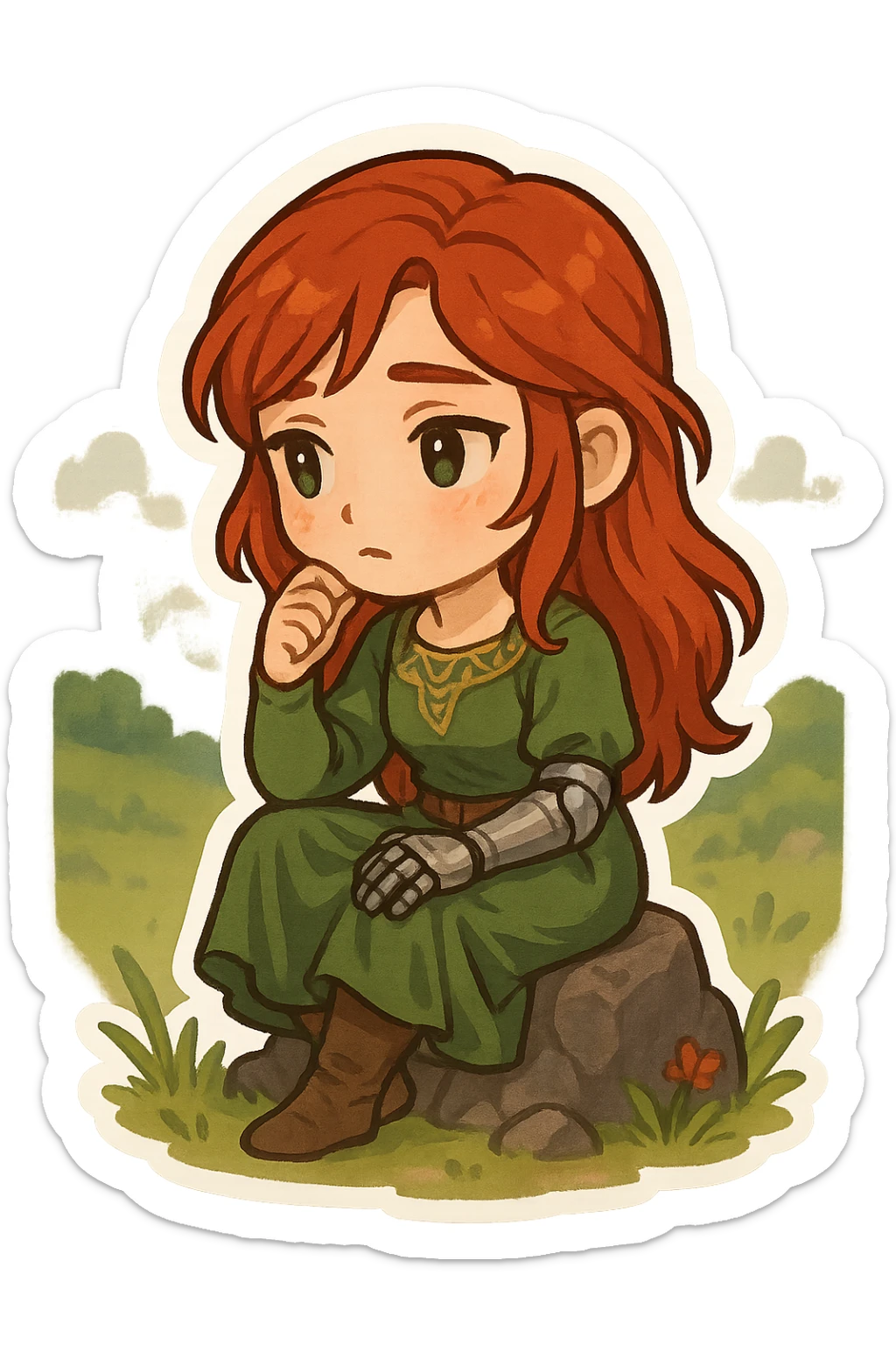Millicent, chibi style, red hair, green dress, prosthetic arm visible, sitting on a rock, looking thoughtful, fantasy setting sticker