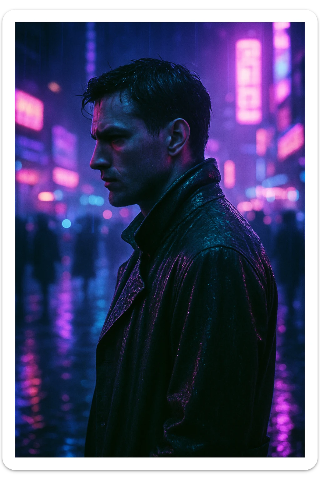 futuristic cyberpunk portrait, man in soaked trench coat, neon-lit city at night, side profile, serious, neon purple and electric blue lighting, wet street with reflections, motion blur of crowd, shallow depth of field, analog film grain, Blade Runner noir detective vibe sticker
