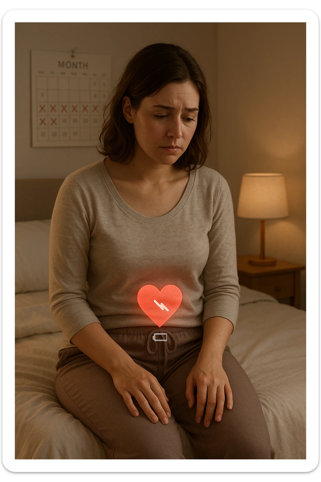 3D realistic medical illustration: a young woman in her 20s or 30s sits on the edge of a bed in a softly lit bedroom, looking thoughtful and slightly concerned. She wears comfortable loungewear, her posture is slouched, and her expression is subdued. Subtle visual cues—such as a faded calendar with missed menstrual cycles and a dimmed heart or energy icon near her abdomen—symbolize low libido and amenorrhea. The scene is realistic, intimate, and empathetic. sticker
