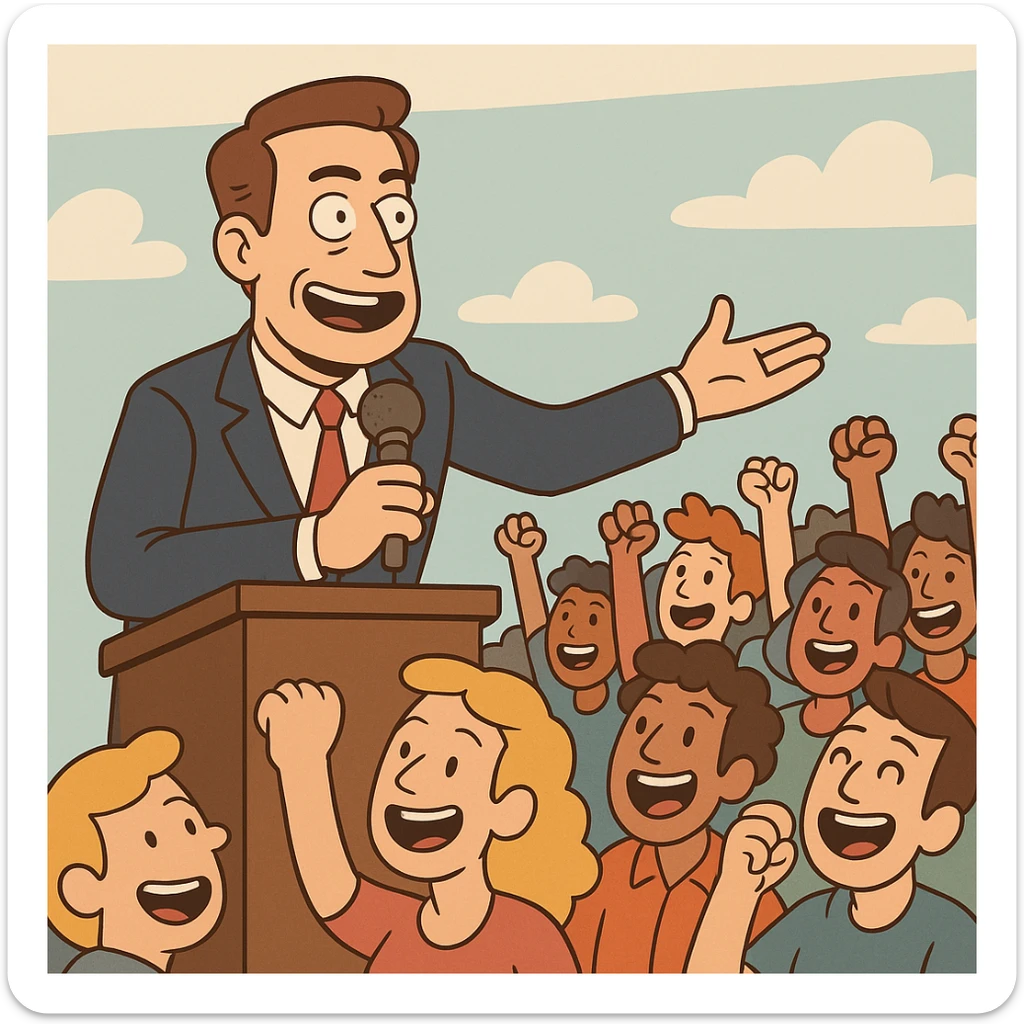Le président parle à la foule, style cartoon, micro, public enthousiaste, couleurs vives sticker