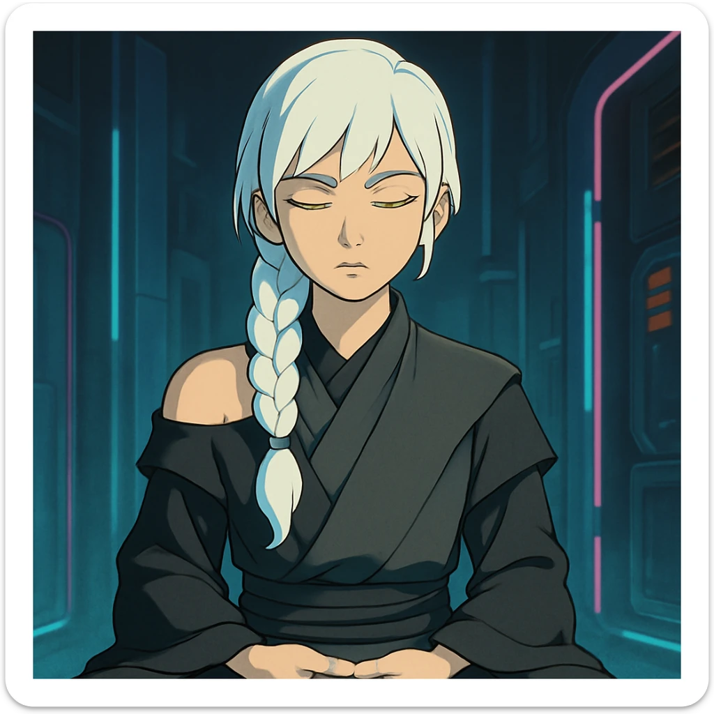  a closeup portrait of young woman with gold yellow eyes, white hair, long braid, black off-shoulder top, punk gothic style, futuristic cyberwave cyberpunk,  jedi attire, kneeling and gathering chi, jedi meditate, eyes closed hands at full rest sticker
