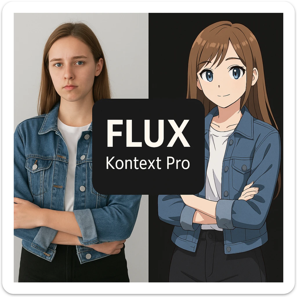 create before after image of a girl before is realsitic photo, after is anime version of her in same pose and clothes, add logo with text of a "FLUX Kontext Pro" in middle in big, black background sticker