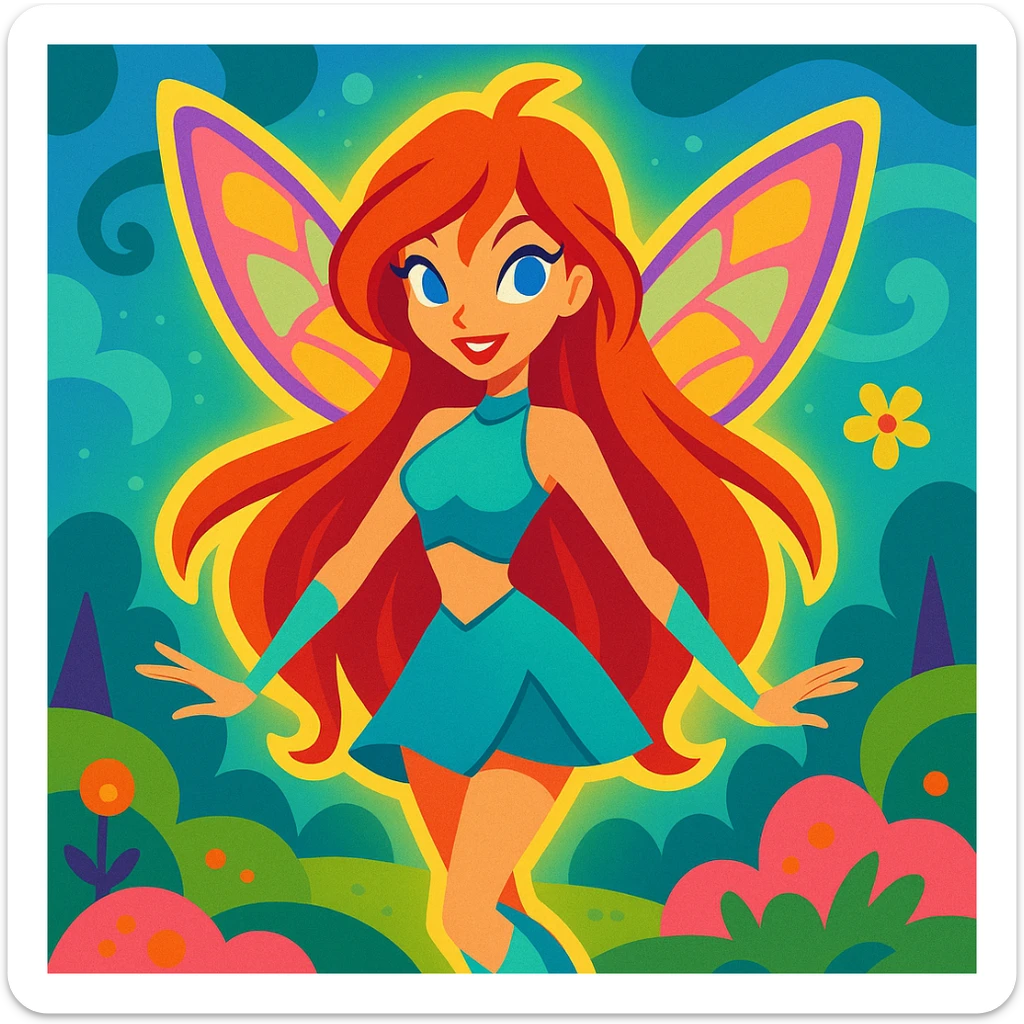 Bloom from Winx Club, fairy outfit, glowing aura, long red hair, whimsical background sticker