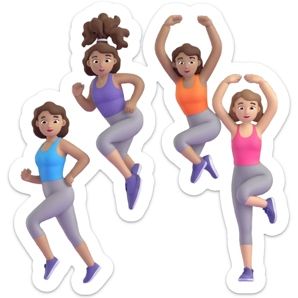 three women friends exercising together, one black woman with curly brown hair, one pale white woman with curly brown hair, and one white woman with straight brown hair in a ponytail sticker