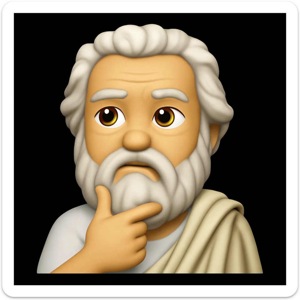 Edit the image of Socrates to show him deep in thought with a hand on his chin instead of a thumbs up, maintaining the same emoji style and a thoughtful expression. sticker