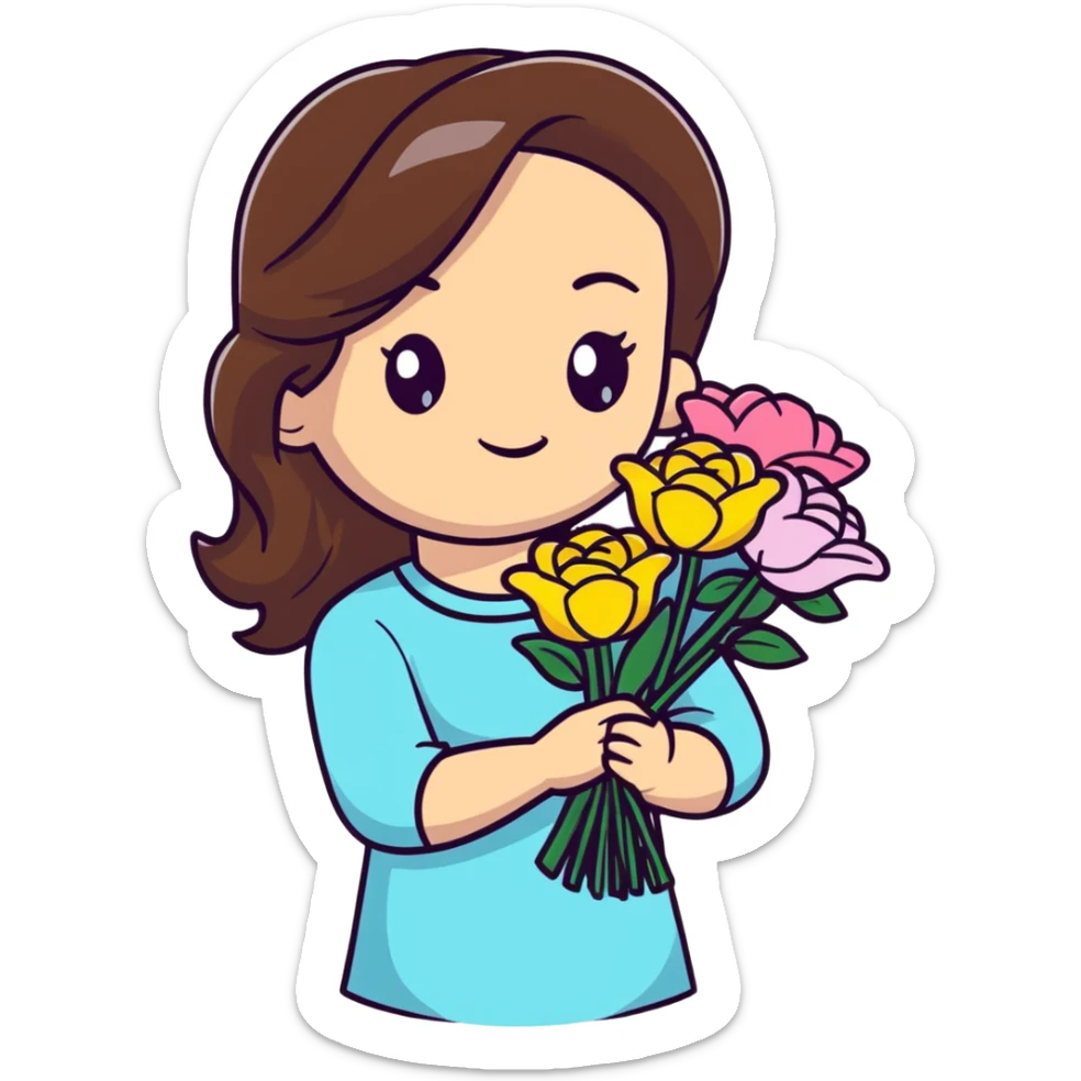 cool girl with long brown hair and fair skin tilting her head to the side while holding a bouquet of flowers sticker