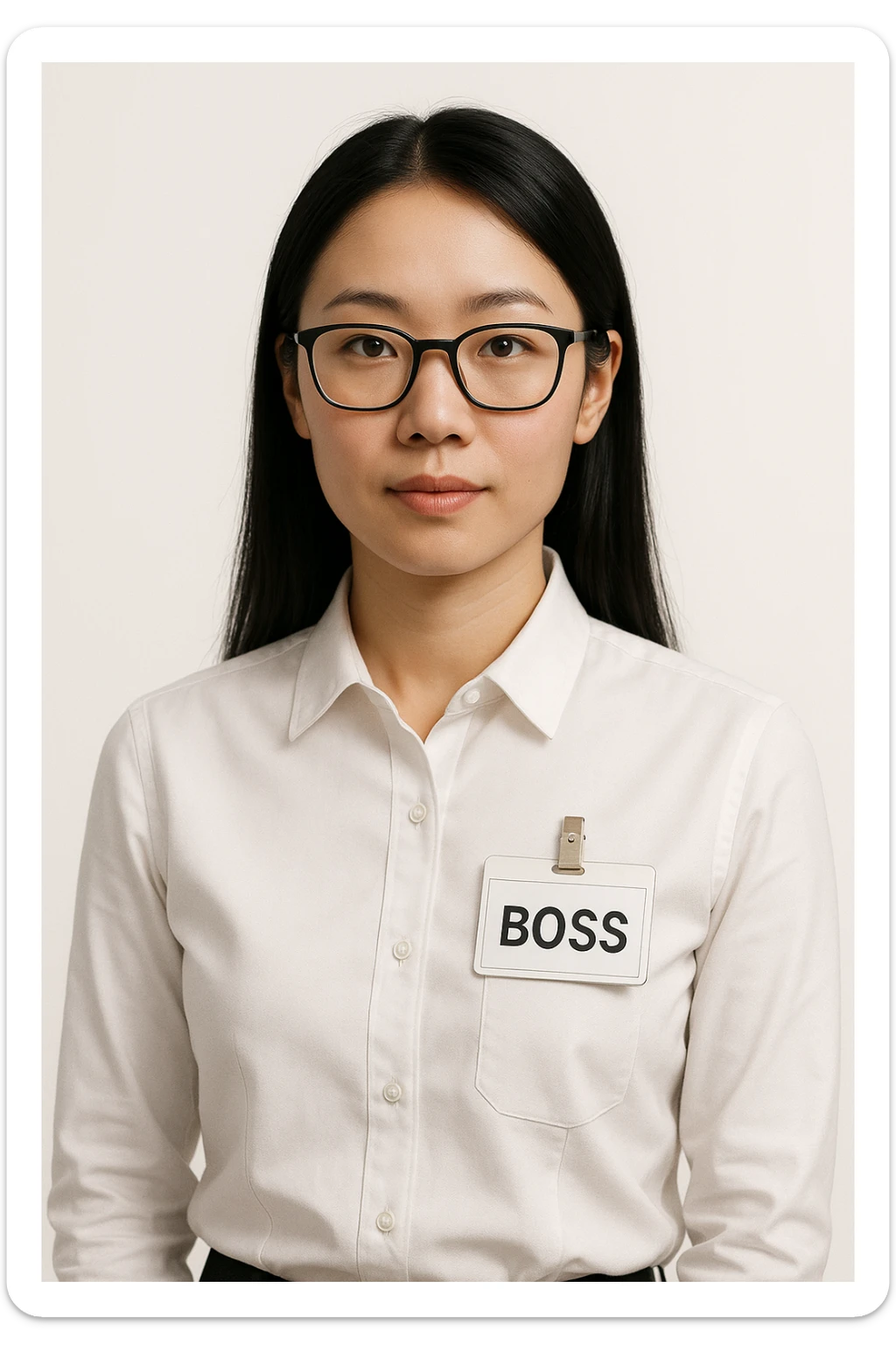 Asian female character wearing glasses, white shirt with boss's work tag, minimal background, clean and professional look sticker