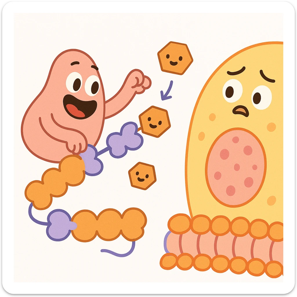 Ultra-detailed illustration of enzyme digestion: amylase breaking starch into sugars near a cell membrane. Clean white background, no text. Scientific but simple sticker