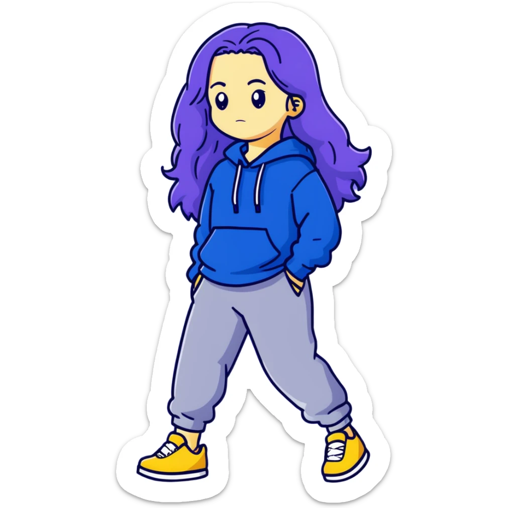 female with slim hourglass shaped body, purple long hair, wearing a blue sweater, dark blue sweatpants, and black sneakers, full body view sticker