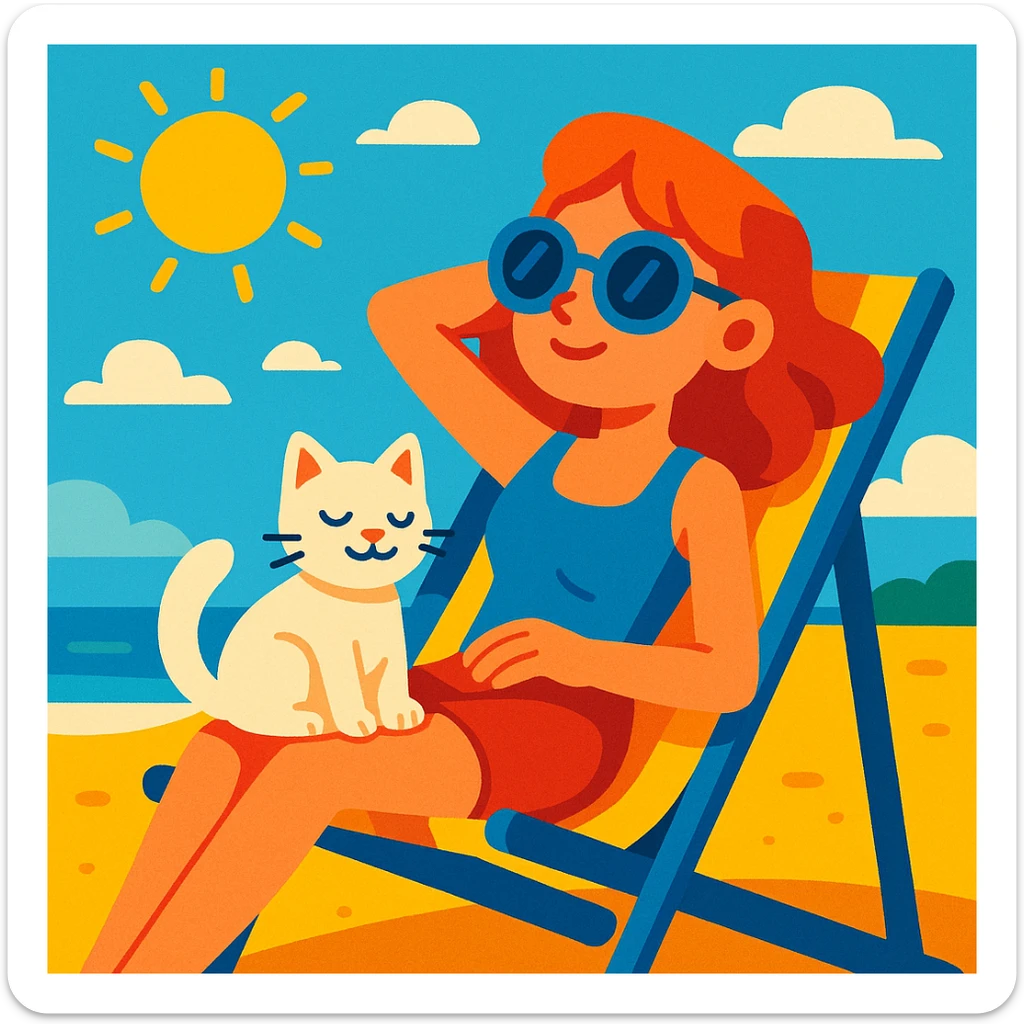 girl sitting in a beach chair with her cat, sunny summer day, vibrant toon style sticker