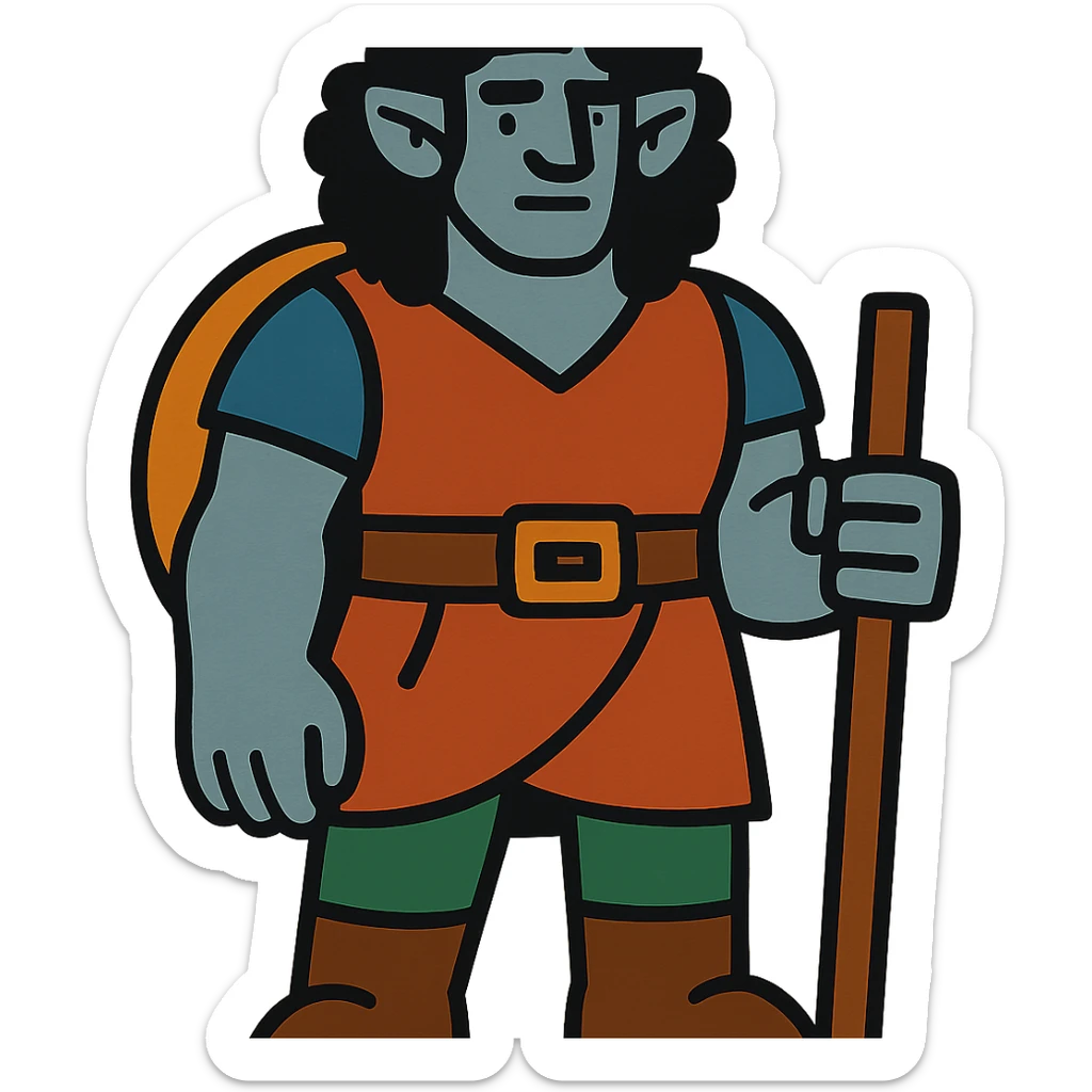 DnD firbolg with grey skin and black curly hair sticker