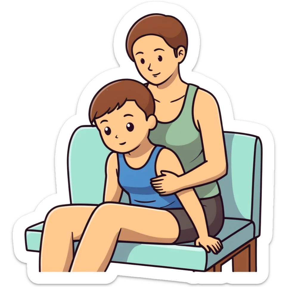 Caucasian woman with brown hair big boobs wearing a tank top sitting on bald man lap sticker