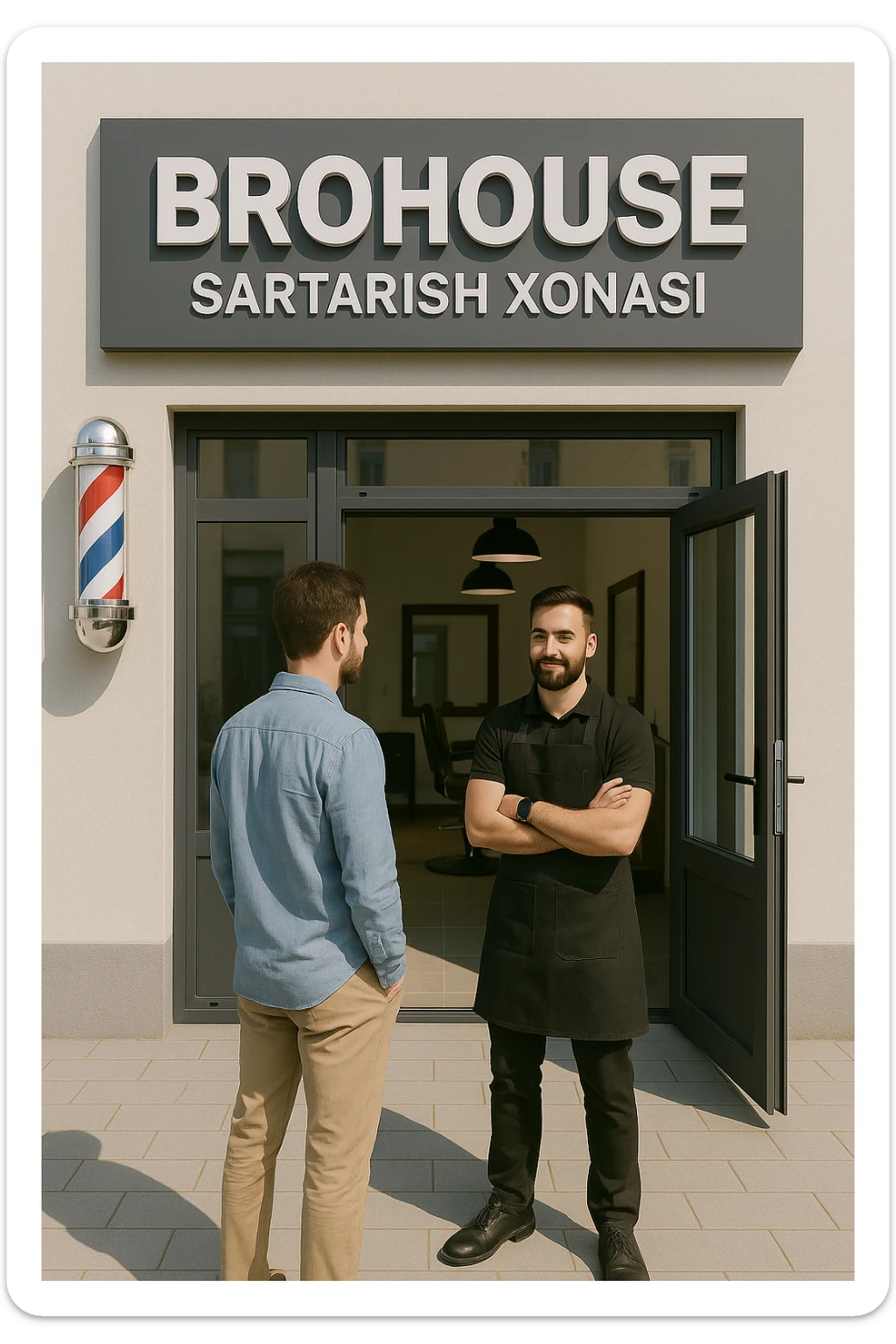 eni shu rasimga boyagi sartaosh oka eshik oldida tursin va tashqarida esa mijoz sticker